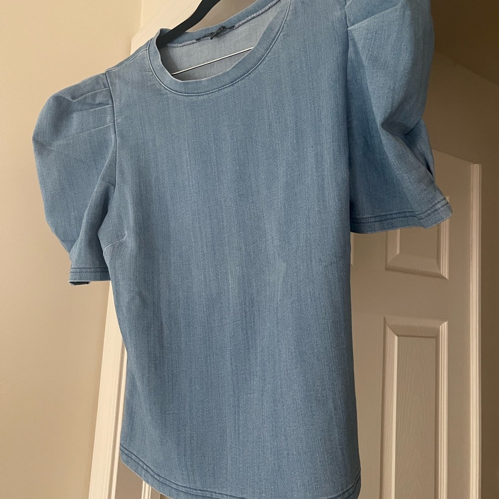 Haute Monde Denim Blue Puff Sleeve Fitted Shirt